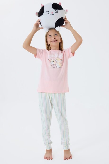 Arnetta Kız Çocuk Bisiklet Yaka Baskılı Yazlık Regular Fit Pembe Pijama Takımı AR3571-C-V1 (1)