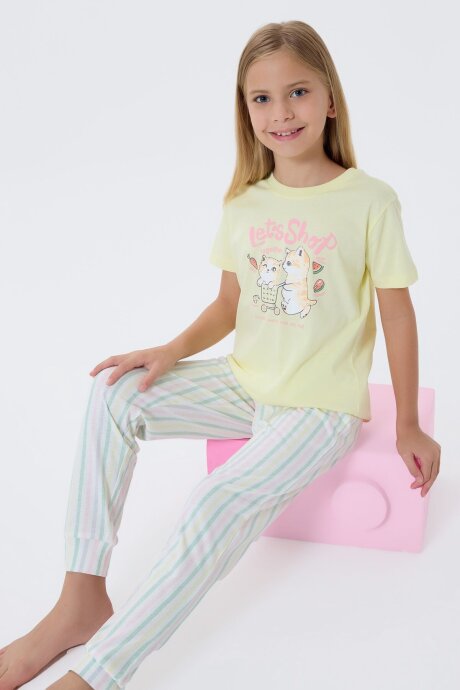 Arnetta Kız Çocuk Bisiklet Yaka Baskılı Yazlık Regular Fit Sarı Pijama Takımı AR3571-C-V2