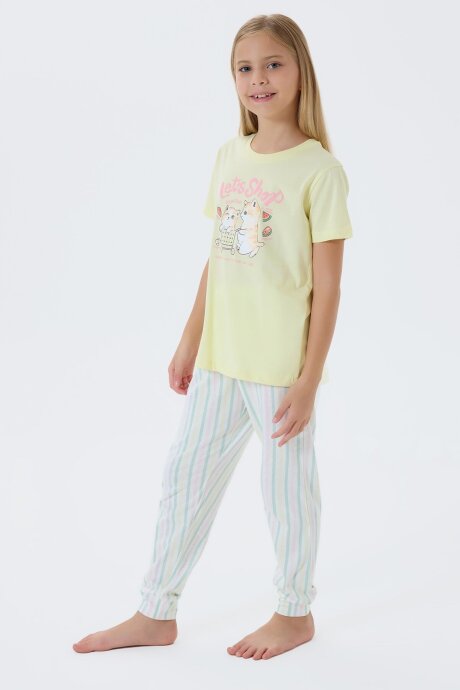Arnetta Kız Çocuk %100 Pamuk Bisiklet Yaka Baskılı Yazlık Regular Fit Sarı Pijama Takımı AR3571-C-V2 - 3