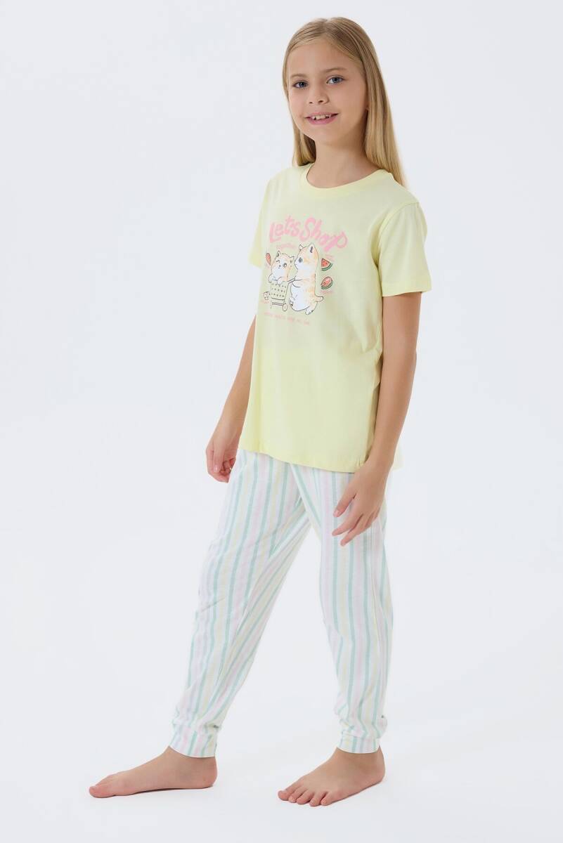 Arnetta Kız Çocuk %100 Pamuk Bisiklet Yaka Baskılı Yazlık Regular Fit Sarı Pijama Takımı AR3571-C-V2 - 3