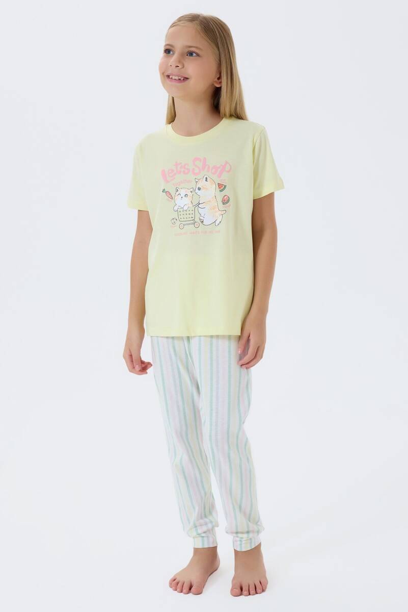 Arnetta Kız Çocuk %100 Pamuk Bisiklet Yaka Baskılı Yazlık Regular Fit Sarı Pijama Takımı AR3571-C-V2 - 2