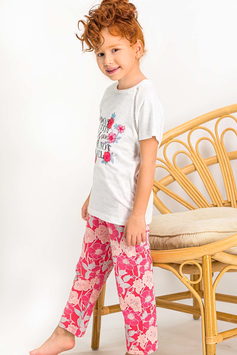 Arnetta - Arnetta Pink Violet Krem Nakış Detaylı Kısa Kollu Kız Çocuk Pijama Takımı