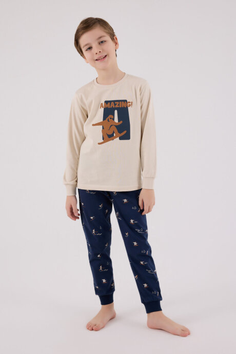 Arnetta Erkek Çocuk Pamuklu Bisiklet Yaka Pigment Baskılı Kışlık Regular Fit Krem Pijama Takımı AR3516-C-V2 - 3