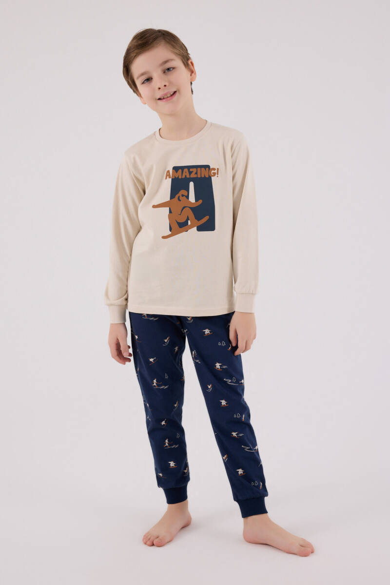Arnetta Erkek Çocuk Pamuklu Bisiklet Yaka Pigment Baskılı Kışlık Regular Fit Krem Pijama Takımı AR3516-C-V2 - 3