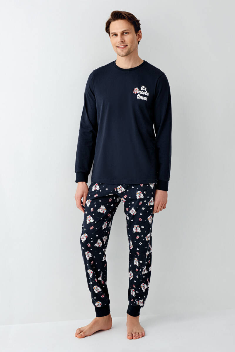 Rolypoly Erkek Pamuklu Bisiklet Yaka Pigment Baskılı Kışlık Regular Fit Lacivert Pijama Takımı RP3676-S-V1 - 1