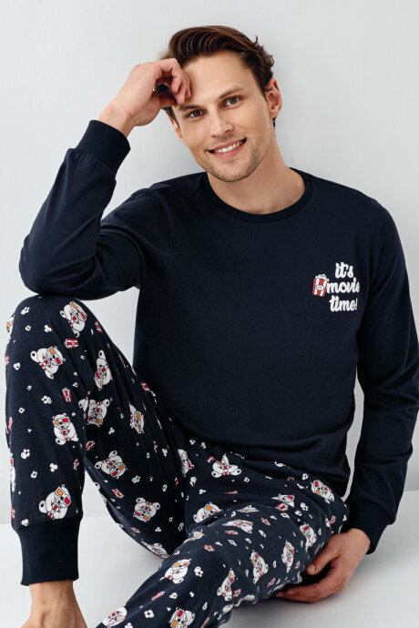 Rolypoly Erkek Pamuklu Bisiklet Yaka Pigment Baskılı Kışlık Regular Fit Lacivert Pijama Takımı RP3676-S-V1 - 3