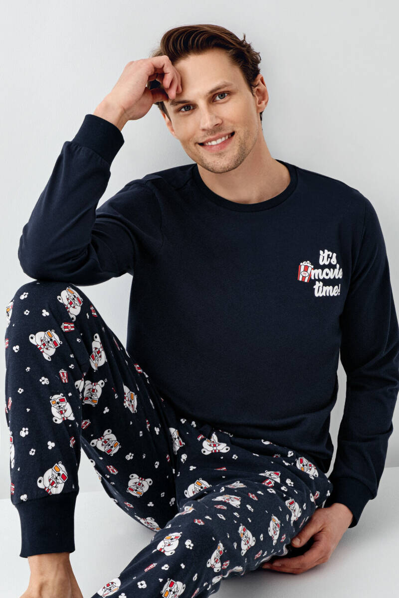 Rolypoly Erkek Pamuklu Bisiklet Yaka Pigment Baskılı Kışlık Regular Fit Lacivert Pijama Takımı RP3676-S-V1 - 3