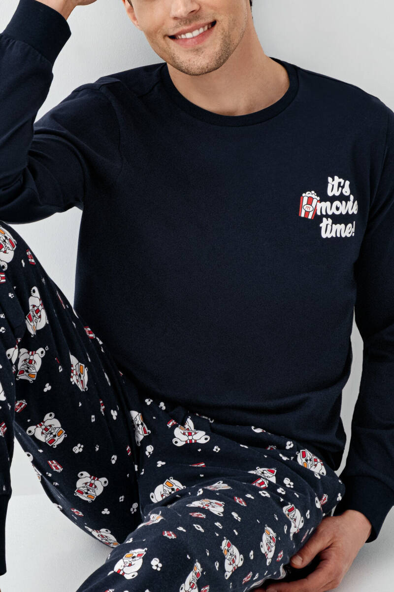 Rolypoly Erkek Pamuklu Bisiklet Yaka Pigment Baskılı Kışlık Regular Fit Lacivert Pijama Takımı RP3676-S-V1 - 4
