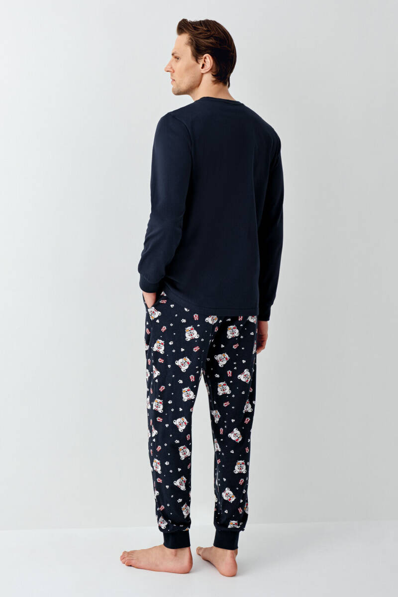 Rolypoly Erkek Pamuklu Bisiklet Yaka Pigment Baskılı Kışlık Regular Fit Lacivert Pijama Takımı RP3676-S-V1 - 5