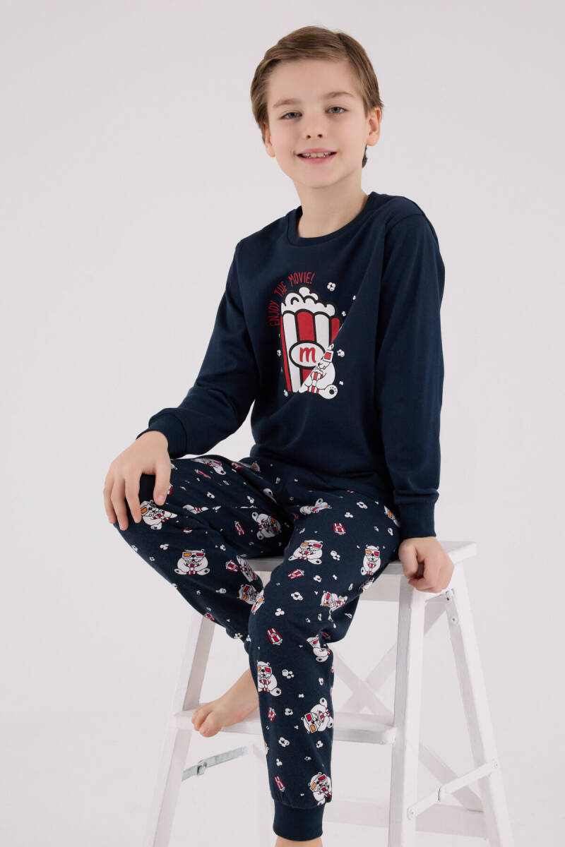Rolypoly Erkek Çocuk Bisiklet Yaka Pigment Baskılı Kışlık Regular Fit Lacivert Pijama Takımı RP3676-C-V1 - 1