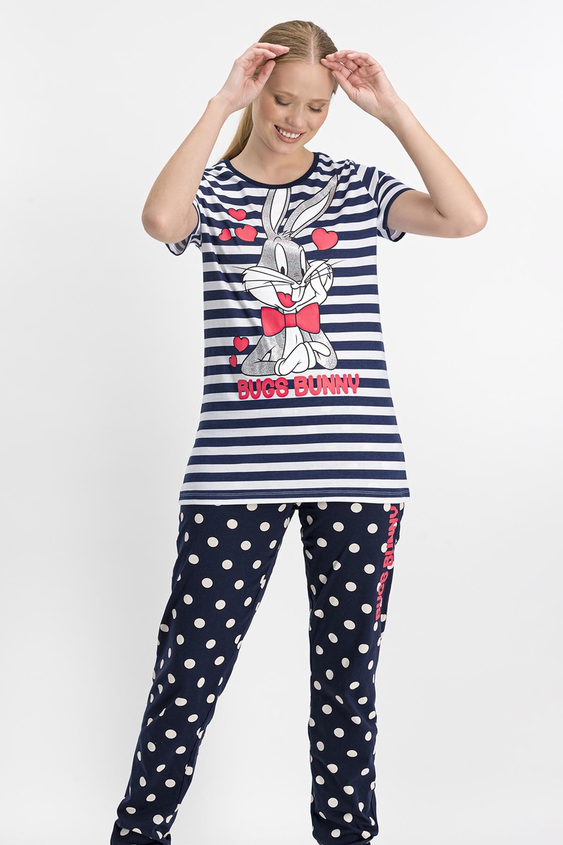 Bugs Bunny - Bugs Bunny Lisanslı Lisanslı Lacivert Kısa Kollu Kadın Pijama Takımı