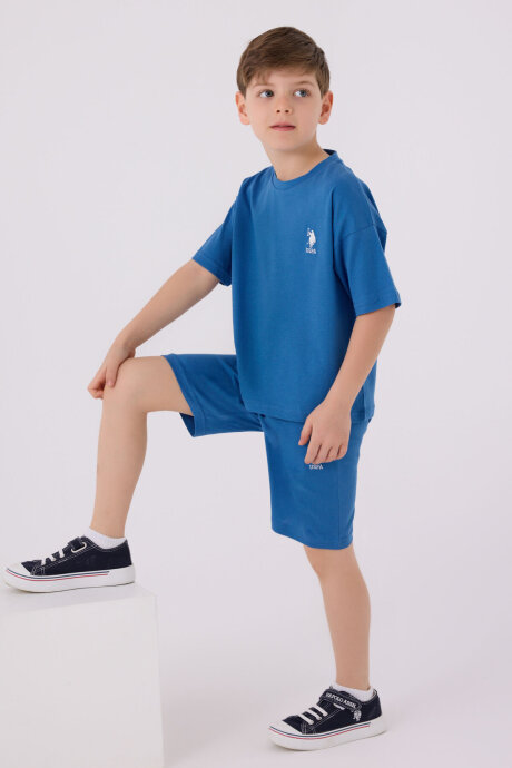 U.S. Polo Assn. Erkek Çocuk Pamuklu Bisiklet Yaka Sargı Nakışlı Yazlık Regular Fit Mavi Bermuda Takım US1779-C-V34