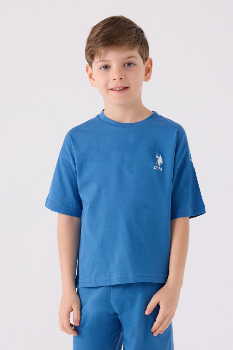 U.S. Polo Assn. Erkek Çocuk Pamuklu Bisiklet Yaka Sargı Nakışlı Yazlık Regular Fit Mavi Bermuda Takım US1779-C-V34 (1)