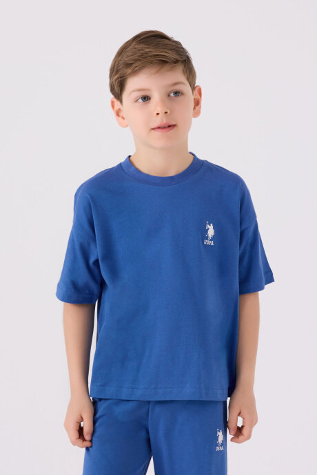 U.S. Polo Assn. Erkek Çocuk Pamuklu Bisiklet Yaka Sargı Nakışlı Yazlık Regular Fit Mavi Bermuda Takım US1779-C-V35 (1)