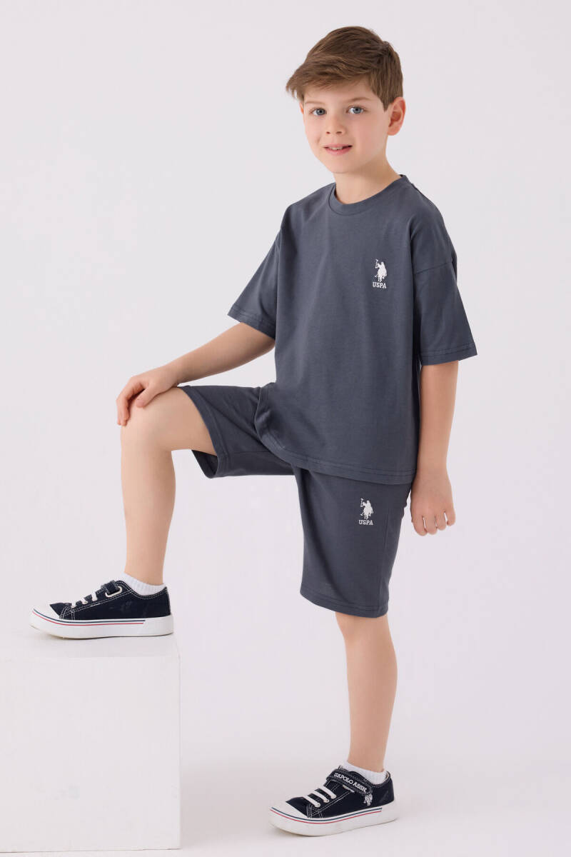 U.S. Polo Assn. Erkek Çocuk Pamuklu Bisiklet Yaka Sargı Nakışlı Yazlık Regular Fit Gri Bermuda Takım US1779-C-V19 - 1