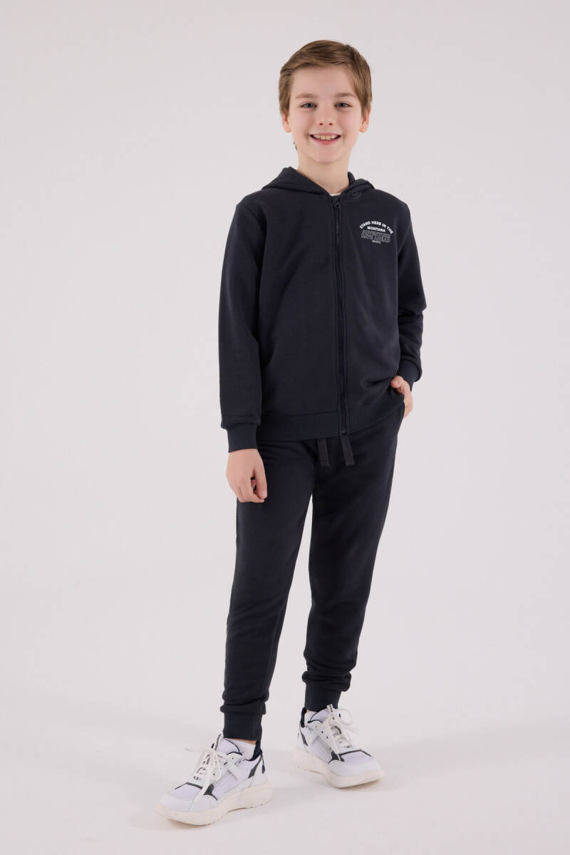 Rolypoly Erkek Çocuk Pamuklu Kapüşonlu Pigment Baskılı Kışlık Oversize Fit Gri Eşofman Takımı RP3685-C-V3 - 2