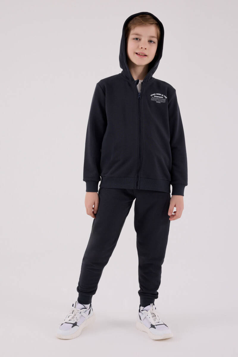 Rolypoly Erkek Çocuk Pamuklu Kapüşonlu Pigment Baskılı Kışlık Oversize Fit Gri Eşofman Takımı RP3685-C-V3 - 3