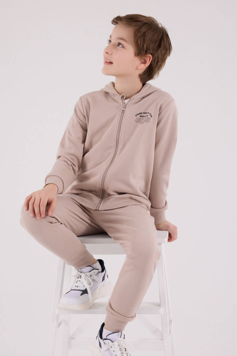 Rolypoly Erkek Çocuk Pamuklu Kapüşonlu Pigment Baskılı Kışlık Oversize Fit Kahverengi Eşofman Takımı RP3685-C-V1 - 2