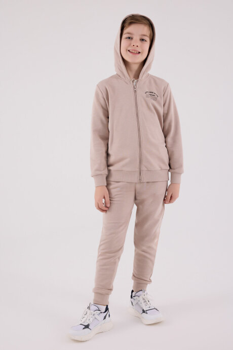Rolypoly Erkek Çocuk Pamuklu Kapüşonlu Pigment Baskılı Kışlık Oversize Fit Kahverengi Eşofman Takımı RP3685-C-V1 - 3