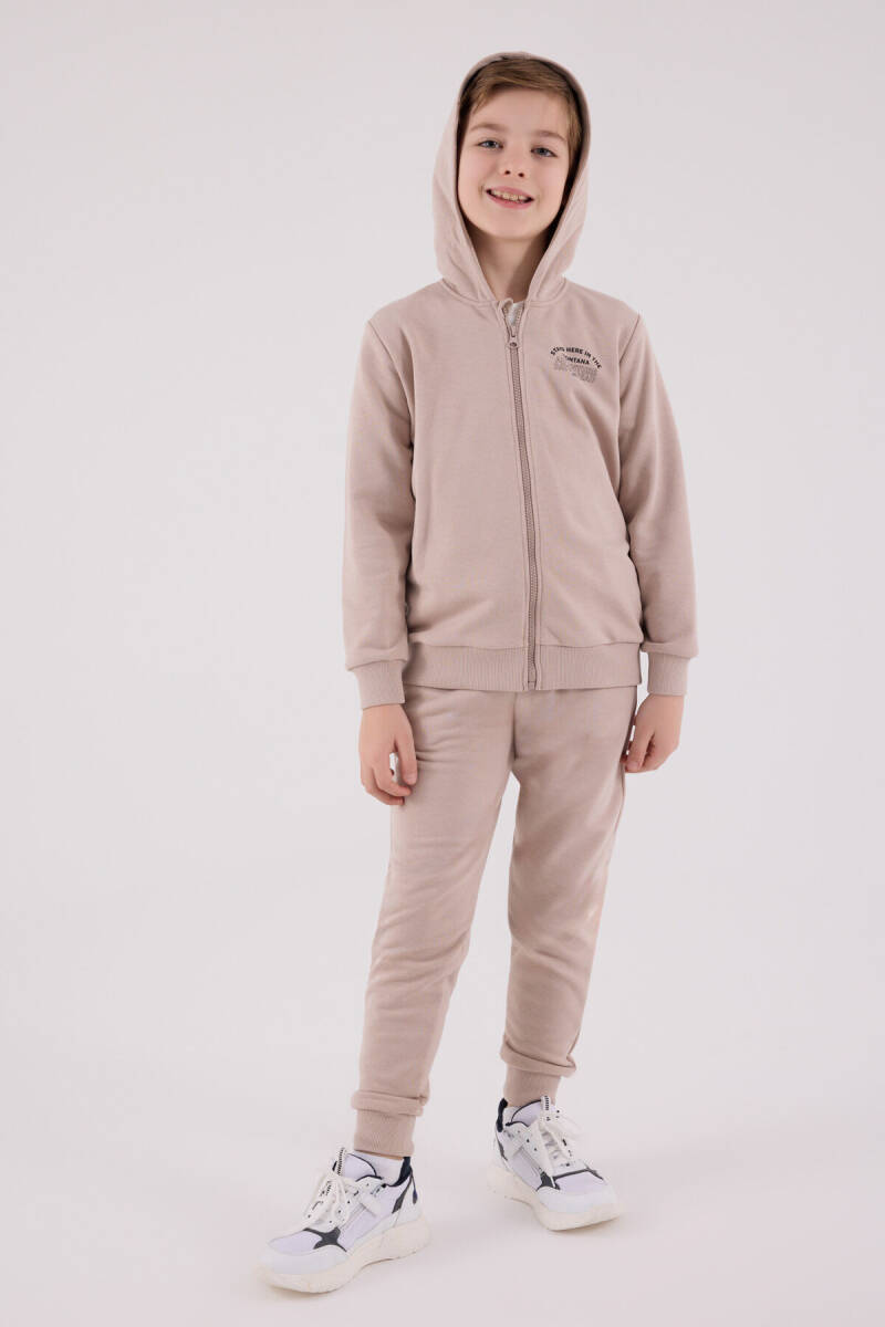 Rolypoly Erkek Çocuk Pamuklu Kapüşonlu Pigment Baskılı Kışlık Oversize Fit Kahverengi Eşofman Takımı RP3685-C-V1 - 3