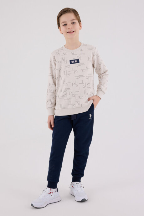 U.S. Polo Assn. Erkek Çocuk Pamuklu Bisiklet Yaka Pigment Baskılı Kışlık Regular Fit Krem Eşofman Takımı US2230-C-V2 