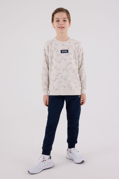 U.S. Polo Assn. Erkek Çocuk Pamuklu Bisiklet Yaka Pigment Baskılı Kışlık Regular Fit Krem Eşofman Takımı US2230-C-V2 - 3