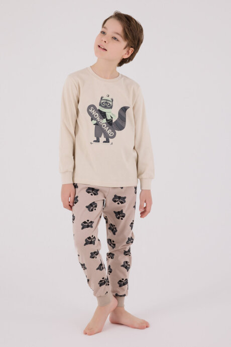 Rolypoly Erkek Çocuk Pamuklu Bisiklet Yaka Pigment Baskılı Kışlık Regular Fit Krem Pijama Takımı RP3668-C-V2 - 2
