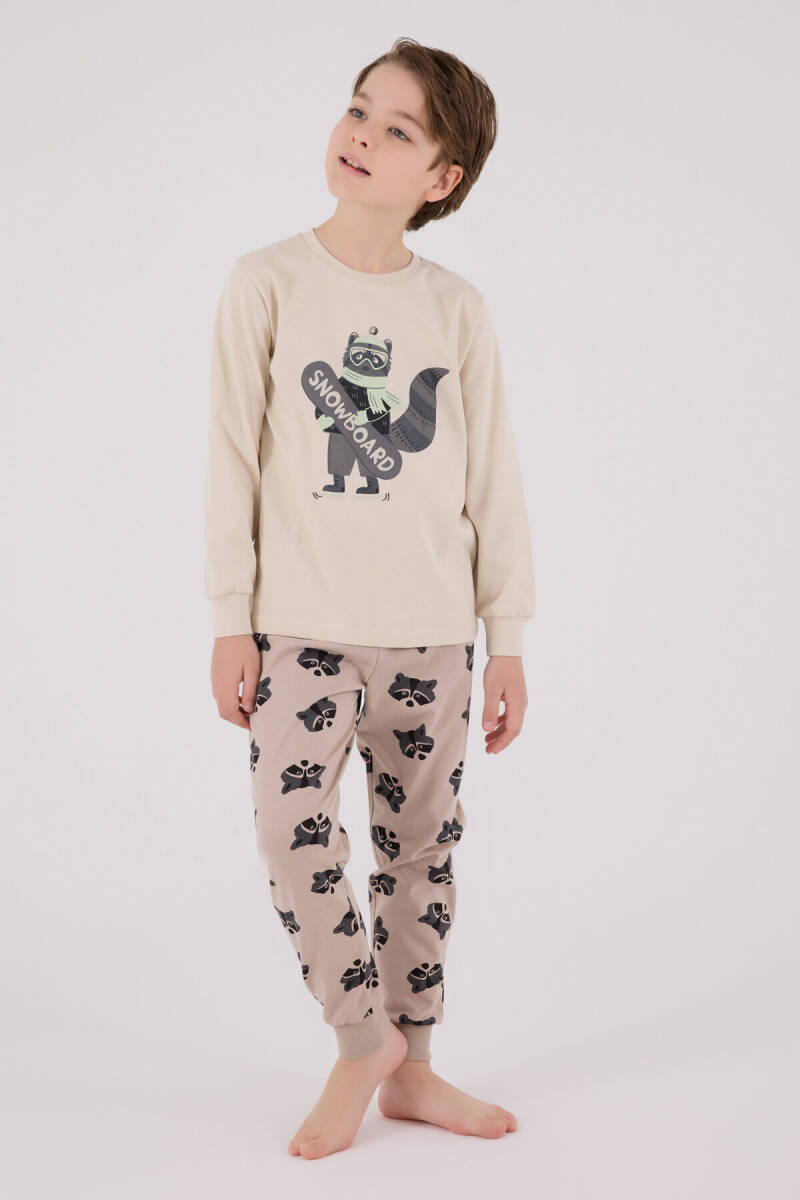 Rolypoly Erkek Çocuk Pamuklu Bisiklet Yaka Pigment Baskılı Kışlık Regular Fit Krem Pijama Takımı RP3668-C-V2 - 2