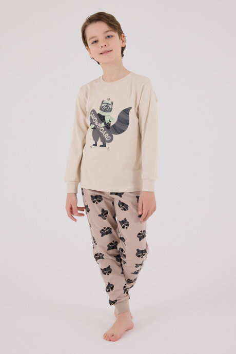 Rolypoly Erkek Çocuk Pamuklu Bisiklet Yaka Pigment Baskılı Kışlık Regular Fit Krem Pijama Takımı RP3668-C-V2 - 3