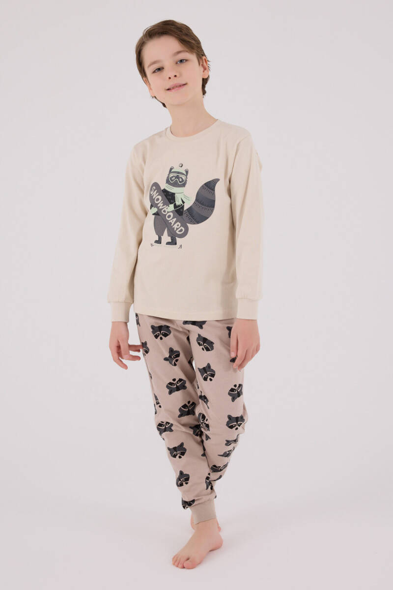 Rolypoly Erkek Çocuk Pamuklu Bisiklet Yaka Pigment Baskılı Kışlık Regular Fit Krem Pijama Takımı RP3668-C-V2 - 3