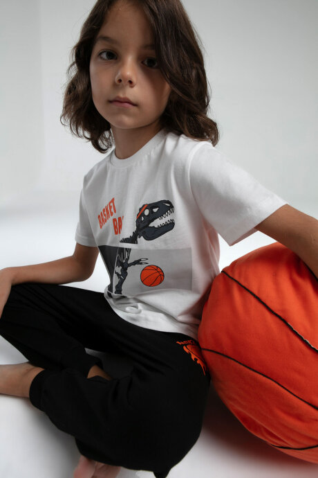Rolypoly Erkek Çocuk Bisiklet Yaka Pigment Baskılı Yazlık Regular Fit Beyaz Pijama Takımı RP3535-C-V1 (1)