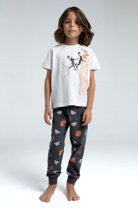 Rolypoly Erkek Çocuk Bisiklet Yaka Pigment Baskılı Yazlık Regular Fit Beyaz Pijama Takımı RP3530-C-V1