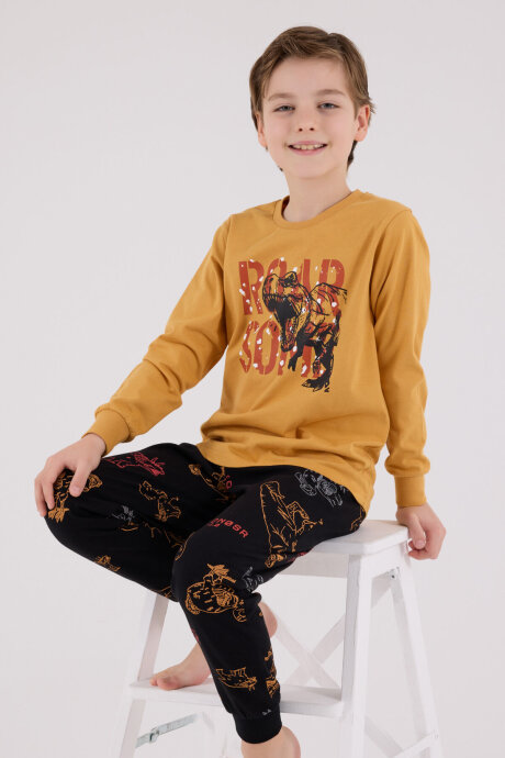 Rolypoly Erkek Çocuk Pamuklu Bisiklet Yaka Pigment Baskılı Kışlık Regular Fit Sarı Pijama Takımı RP3672-C-V1 - 2