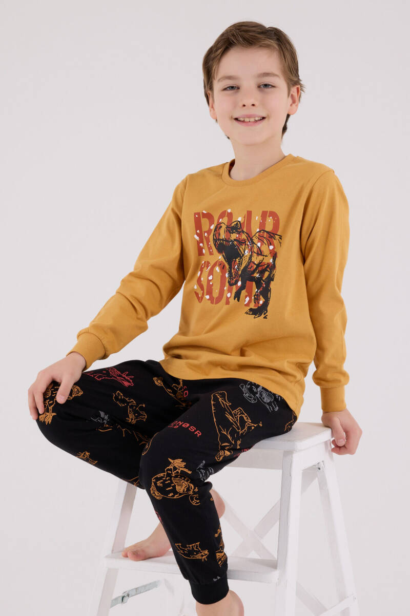 Rolypoly Erkek Çocuk Pamuklu Bisiklet Yaka Pigment Baskılı Kışlık Regular Fit Sarı Pijama Takımı RP3672-C-V1 - 2