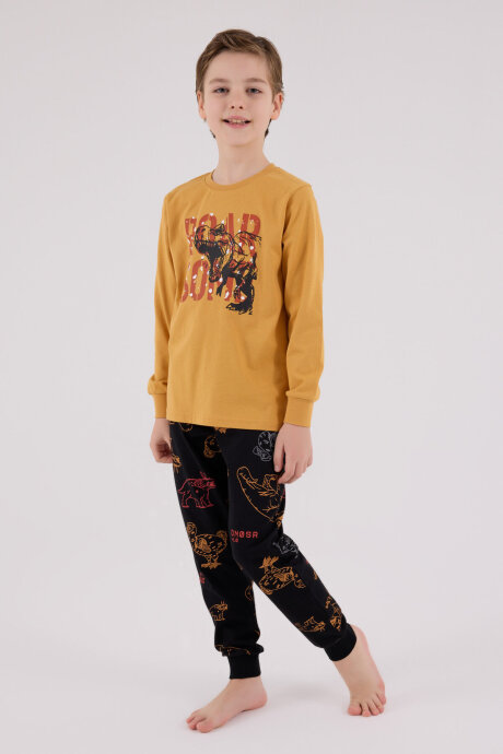Rolypoly Erkek Çocuk Pamuklu Bisiklet Yaka Pigment Baskılı Kışlık Regular Fit Sarı Pijama Takımı RP3672-C-V1 - 3