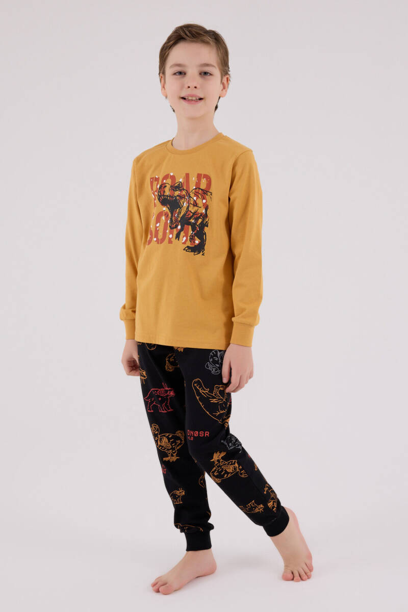 Rolypoly Erkek Çocuk Pamuklu Bisiklet Yaka Pigment Baskılı Kışlık Regular Fit Sarı Pijama Takımı RP3672-C-V1 - 3
