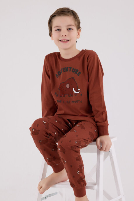 Rolypoly Erkek Çocuk Pamuklu Bisiklet Yaka Pigment Baskılı Kışlık Regular Fit Kahverengi Pijama Takımı RP3667-C-V1 - 1