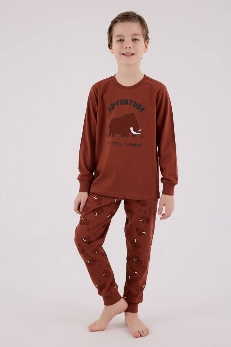 Rolypoly Erkek Çocuk Pamuklu Bisiklet Yaka Pigment Baskılı Kışlık Regular Fit Kahverengi Pijama Takımı RP3667-C-V1 - 2