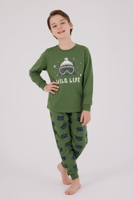 Rolypoly Erkek Çocuk Bisiklet Yaka Pigment Baskılı Kışlık Regular Fit Yeşil Pijama Takımı RP3669-C-V1 - 1