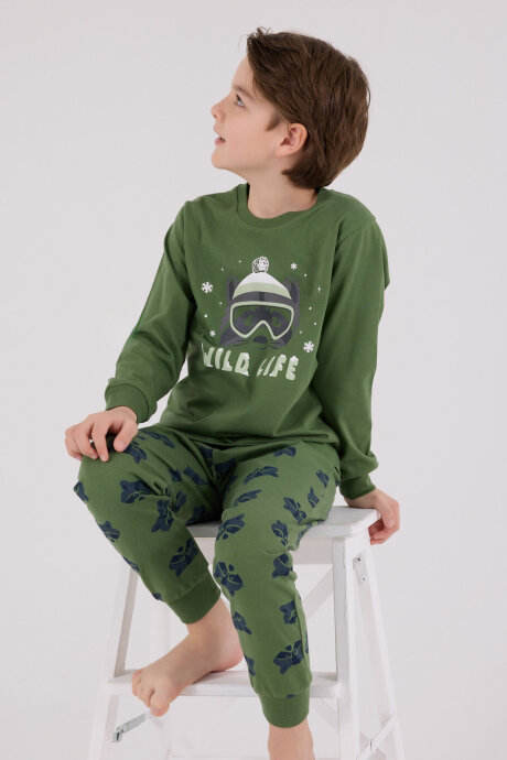 Rolypoly Erkek Çocuk Bisiklet Yaka Pigment Baskılı Kışlık Regular Fit Yeşil Pijama Takımı RP3669-C-V1 - 2