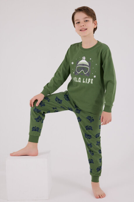 Rolypoly Erkek Çocuk Bisiklet Yaka Pigment Baskılı Kışlık Regular Fit Yeşil Pijama Takımı RP3669-C-V1 - 3
