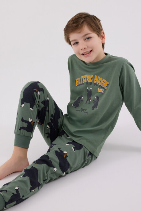 Rolypoly Erkek Çocuk Bisiklet Yaka Pigment Baskılı Kışlık Regular Fit Yeşil Pijama Takımı RP3657-C-V2
