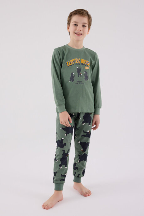 Rolypoly Erkek Çocuk Pamuklu Bisiklet Yaka Pigment Baskılı Kışlık Regular Fit Yeşil Pijama Takımı RP3657-C-V2 - 2
