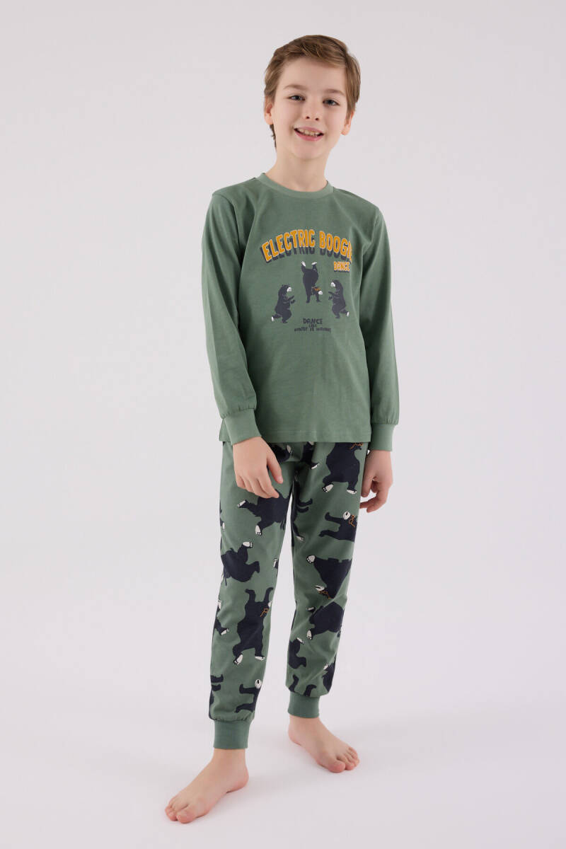 Rolypoly Erkek Çocuk Pamuklu Bisiklet Yaka Pigment Baskılı Kışlık Regular Fit Yeşil Pijama Takımı RP3657-C-V2 - 2
