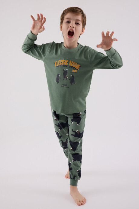 Rolypoly Erkek Çocuk Pamuklu Bisiklet Yaka Pigment Baskılı Kışlık Regular Fit Yeşil Pijama Takımı RP3657-C-V2 - 3