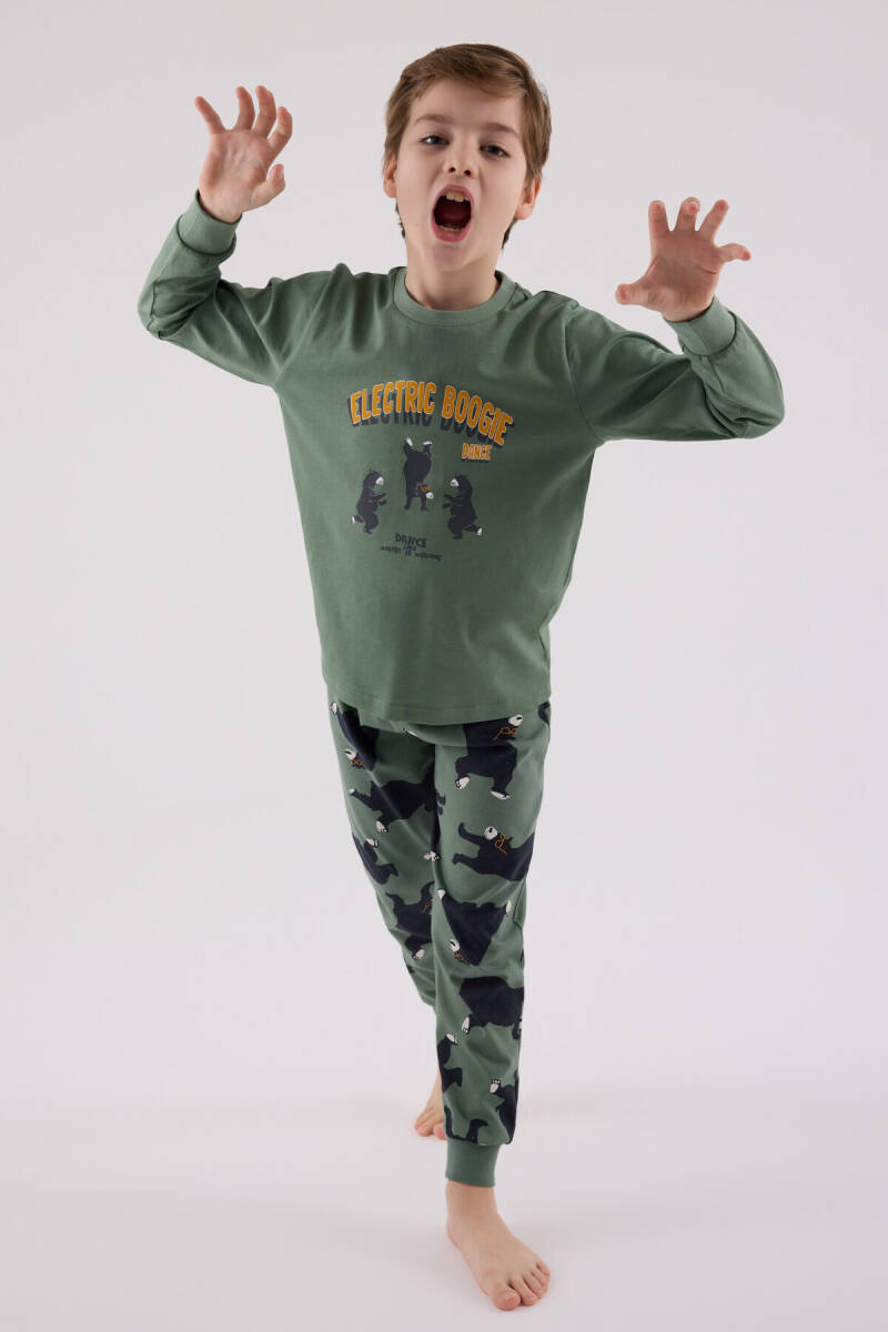 Rolypoly Erkek Çocuk Pamuklu Bisiklet Yaka Pigment Baskılı Kışlık Regular Fit Yeşil Pijama Takımı RP3657-C-V2 - 3
