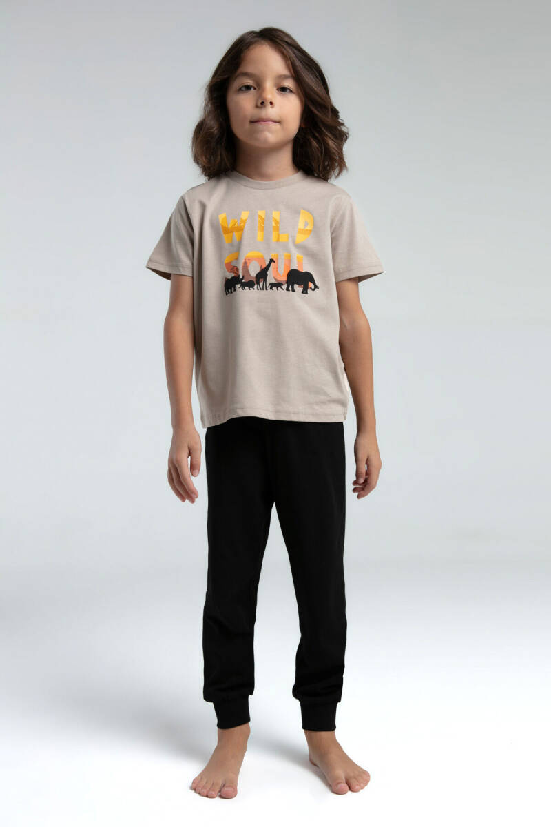 Rolypoly Erkek Çocuk Bisiklet Yaka Pigment Baskılı Yazlık Regular Fit Krem Pijama Takımı RP3556-C-V1 - 2