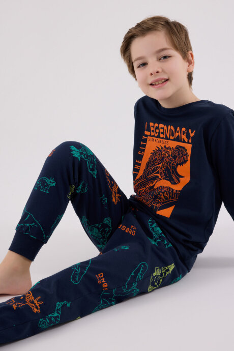 Rolypoly Erkek Çocuk Pamuklu Bisiklet Yaka Pigment Baskılı Kışlık Regular Fit Lacivert Pijama Takımı RP3671-C-V2 