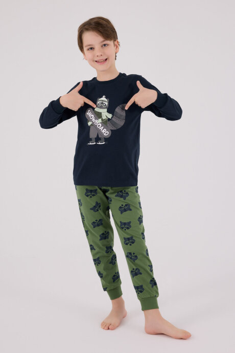 Rolypoly Erkek Çocuk Pamuklu Bisiklet Yaka Pigment Baskılı Kışlık Regular Fit Lacivert Pijama Takımı RP3668-C-V1 - 1