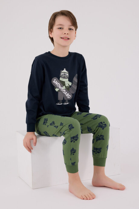 Rolypoly Erkek Çocuk Pamuklu Bisiklet Yaka Pigment Baskılı Kışlık Regular Fit Lacivert Pijama Takımı RP3668-C-V1 - 2